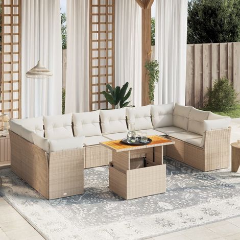 Ensemble de Salon Jardin 11 Pièces Résine Tressée Beige avec Coussins Crème, Table Réglable et Modulaire (1/3)