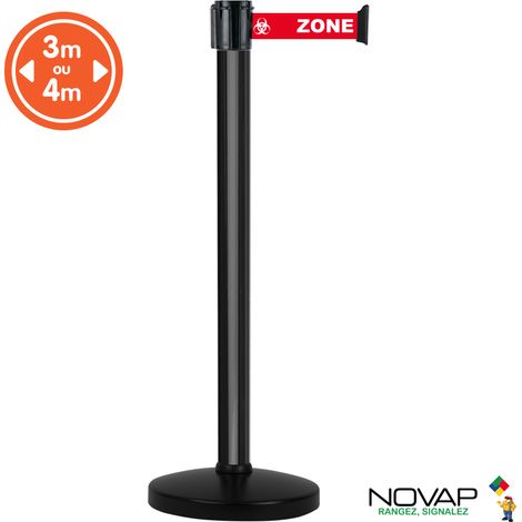 Poteau Alu Noir laqué à sangle Rouge zone contaminée 3m x 50mm sur socle portable - 2050326 (1/2)