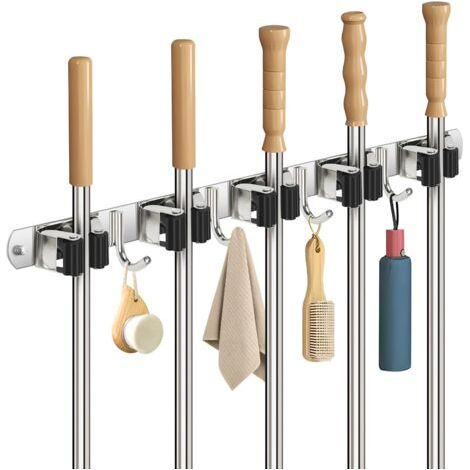 Accroche Balai Mural, Porte Balais Mural en Acier Inoxydable, Support Balais Mural avec 5 Supports et 4 Crochets, Accroche Balai pour Cuisine, Salle de Bain, Garage et Jardin (1/5)