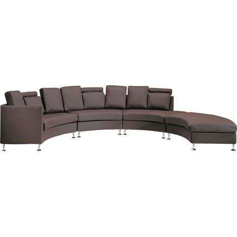 Beliani – Canapé convertible circulaire 7 places en cuir véritable et PU – Housses amovibles – Métal argenté – Dimensions 448x236cm (1/5)