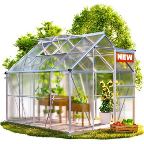 Gardebruk – Serre de jardin polycarbonate 3,6m² – Aluminium anodisé – Porte coulissante – Lucarnes pour ventilation – Gouttière avec évacuation d'eau