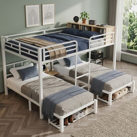Litera metálica 3 plazas blanca y madera clara, cama alta 140x200 cm y dos camas 90x200 cm con estante y zapatero, para dormitorio juvenil o invitados -FLORAGRACE (1/5)