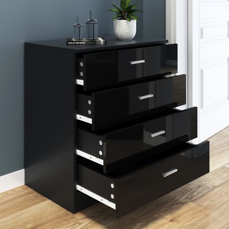 ELEGANT 4 Spacious Drawer Chest Black Modern High Gloss Nightstand with Metal Handles