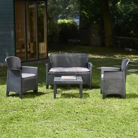 Dmora – Salon de jardin effet rotin 4 places – Ensemble extérieur imperméable – 100% Made in Italy – Noir anthracite – Coussins inclus (1/5)