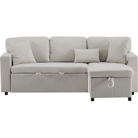 Canapé-lit d'angle, canapé d'angle en L convertible et extensible, avec coffre de rangement et étagère intégrée, beige (1/5)