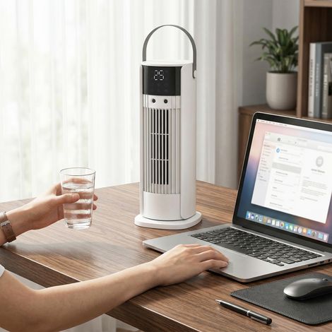 Ventilatore a torre per camera da letto, ventilatore da tavolo da 40 cm con funzione nebulizzante, 3 velocità, oscillazione a 90°, timer.