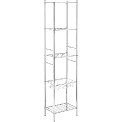 Interiors By Premier Durable 5 Tier Chrome Shelf Unit With Basket, Sturdy Standing Shelves For Livingroom, Spacious Shelf Unit (1/5)