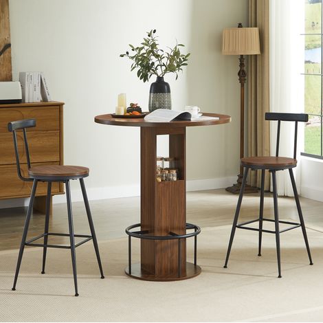 Bar-Tisch- und Hocker-Set aus Spanplatte und Stahl in Walnuss, 80 cm Rundtisch mit 2 Hockern und Stauraum (1/5)
