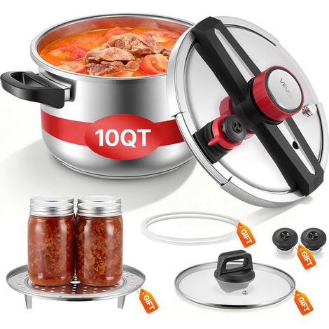Autocuiseur 9 L, Casserole Pression en Acier Inox, 3 Niveaux de Pression jusqu'à 100 kPa, avec Panier Cuisson et Couvercle en Verre Trempé, pour Viande Riz Soupes Sauces, Compatible Tous Feux (1/5)