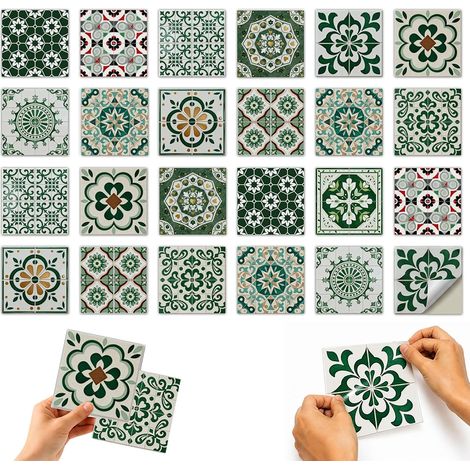 Set di 24 adesivi per piastrelle - 15 x 15 cm - Per cucina e bagno - Design marocchino verde - Impermeabili e resistenti all'olio - Pellicola decorativa autoadesiva per specchi e piastrelle (1/5)