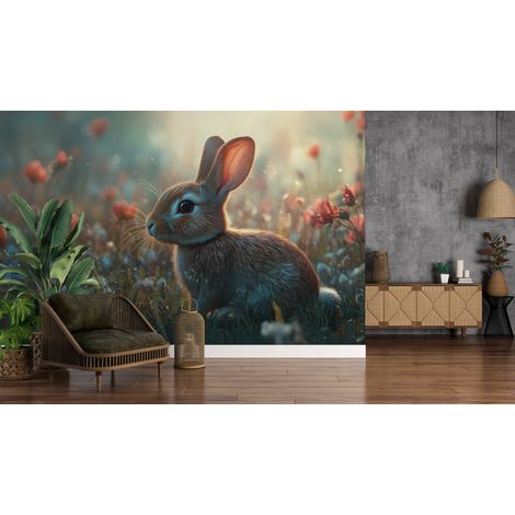 Papier peint animaux - petit lapin dans un champ de fleurs - 150 x 250 cm (1/2)
