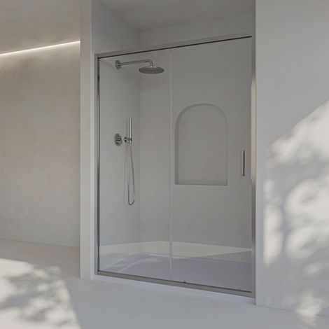 Mampara de ducha frontal corredera + fijo, con perfil inferior, Vidrio de seguridad 6mm antical, 103,5 a 108 cm x 195cm alto, REVERSIBLE, Plata (1/5)