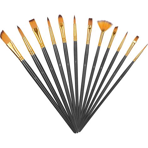 Ensemble de 12 pinceaux en nylon pour peinture à l'huile, acrylique, aquarelle et gouache, noirs