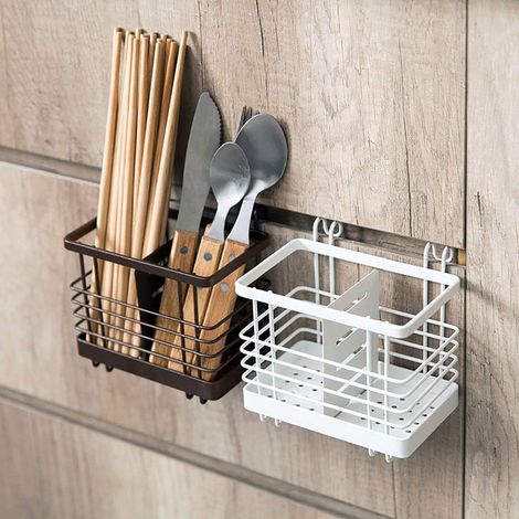1 portaposate da parete, cestino rettangolare sospeso con scolapiatti per bacchette con ganci da cucina per cucchiai, forchette e bacchette