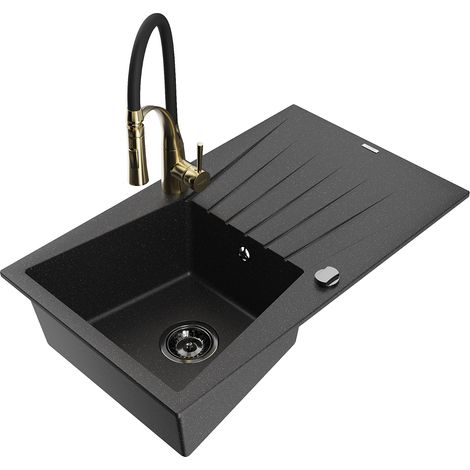 Mexen Cesar lavello in granito a 1 vasca con gocciolatoio e rubinetto Aster, nero/argento metallizzato - 6514-73-73450-57-B (1/5)