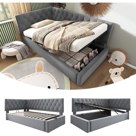 Lit banquette 90x190 cm avec coffre de rangement hydraulique, Lit de repos capitonné en velours gris avec sommier à lattes (1/5)