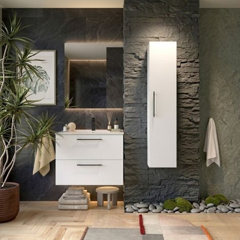 Colonne de salle de bain suspendue 140 cm avec 1 porte et fermeture Soft Close blanc satiné – Reva (1/4)