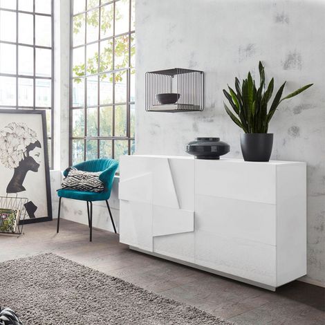 Web Furniture Credenza Ping Bianco Lucido - 140 cm per Soggiorno e Sala da Pranzo (1/5)