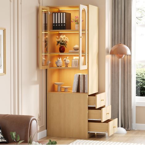 Estantería alta de MDF roble 60x40x200 cm con 3 cajones laterales, vitrina de vidrio templado y LED (1/5)