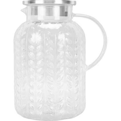 Transparenter Wasserkrug mit Deckel und Griff, 1,8 l, aus hitzebeständigem Acryl, mit Blätterdruck, für Eistee oder Kaffeegetränke. (1/5)