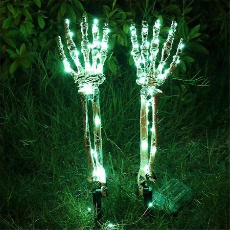 Décorations lumineuses d'Halloween pour l'extérieur : mains de squelette grandeur nature, piquets décoratifs avec 50 LED violettes et minuterie.