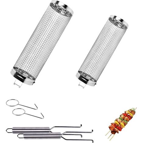 2 Pièces Panier de Barbecue en Acier Inoxydable, Paniers a Griller Cylindriques, Accessoires Cuisson pour Extérieur, Barbecue, Légumes, Crevettes, Steak - (1/5)