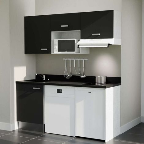 Kitchenette K55L - 180 cm - emplacements hotte, micro-ondes, frigo et lave-vaisselle-Noir-Nero-évier à gauche