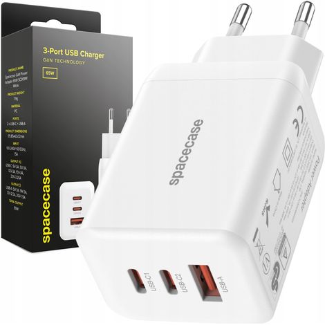 SPACECASE GaN Schnellladegerät 65W 2X USB-C USB-A für Handys QC 3.0 1 Stück. (1/5)