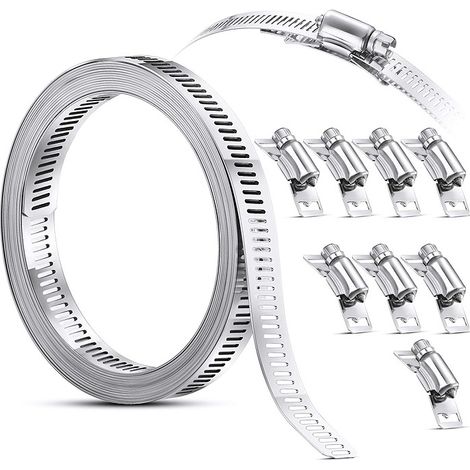 DIY Schlauchschellen-Set aus Edelstahl 304, 3,5 m perforierter Metallstreifen + 8 Befestigungsteile, verstellbar, für Rohre, Gas, Wasser, Auto, Waschmaschine, Garten
