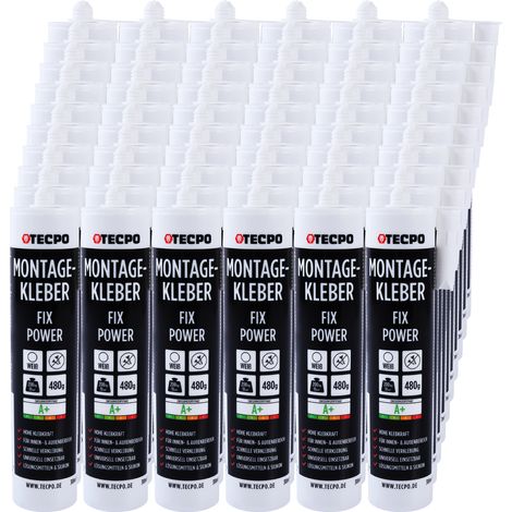 TECPO Montagekleber Fix Power, 60x 480g Universal Baukleber Kartuschen Kraftkleber 200kg 10 cm² für Akustikpaneele, Styropor, Sockelleite Innen und Außen schnelle Verklebung ohne Grundierung