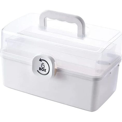 Boîte de rangement en plastique avec plateau pliable à 3 compartiments, organiseur d'outils, conteneur portable verrouillable, 29 x 16 x 15,7 cm, blanc (1/5)