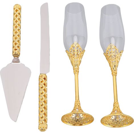 Ensemble de verres à champagne et de pelle à gâteau pour mariage, articles de réception, flûtes à champagne ornées de strass dorés (1/5)