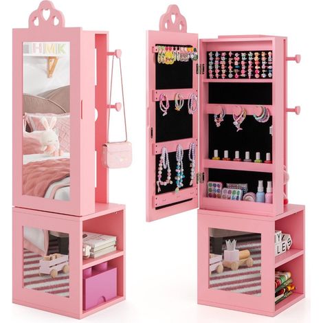 Armadietto a specchio 3 in 1 con specchio a figura intera e amp appendiabiti portagioielli per bambini rosa