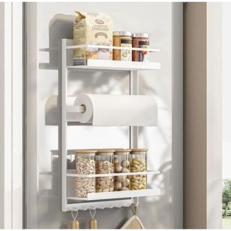 Spice rack, paper towel holder for refrigerator and washing machine, white wall organizer, durable and large capacity (white, three layers) (1/5)