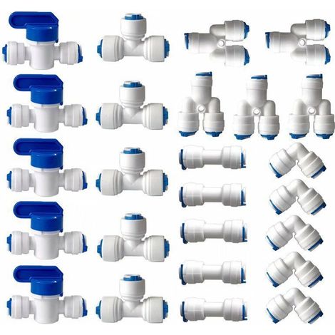 Kit di 25 pezzi con raccordo rapido dritto a innesto da 1/4" (6 mm) per sistemi di osmosi inversa, compatibile con tubi in rame, CPVC, PEX e PVC, installazione senza attrezzi.