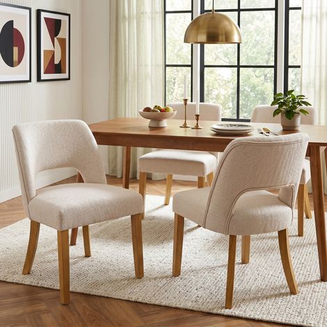 Ensemble de 4 chaises de salle à manger en lin respirant, pieds en bois massif, confortables, style moderne — beige, pour salle à manger, salon, café (1/4)