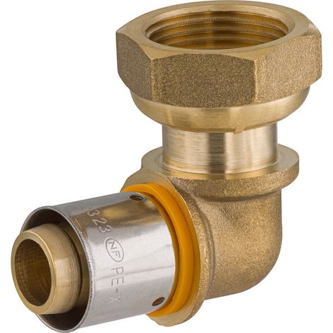 Noyon & Thiebault – Coude femelle écrou libre à sertir pour tube PER Ø20 – Raccord en laiton brut – Angle 90° – Pression max 6 bar – Norme NF - F20x27