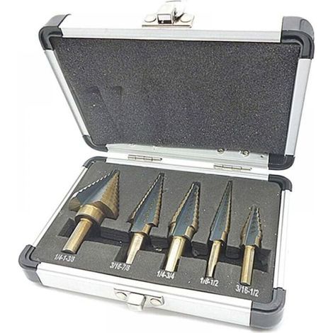 Set di 5 punte da trapano a gradini, con custodia professionale in alluminio, attacco esagonale e base autocentrante, per forature precise in acciaio e metallo. (1/4)