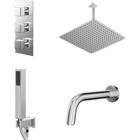 Cubix Polished Chrome Concealed Triple Thermostatic Shower Valve with Diverter and 400mm Square Head with 300mm Ceiling Arm and Outlet Holder with Kit and Bath Spout - 3 Outlet (1/5)