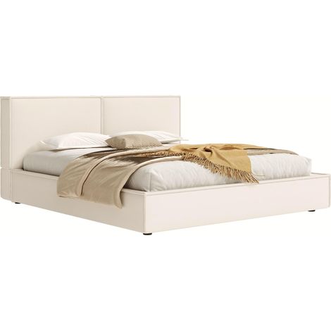 Lit coffre hydraulique 180x200 cm rembourré en lin beige avec tête de lit capitonnée et sommier à lattes (1/5)