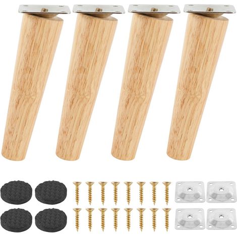 4pcs Pieds de Meuble en Bois, 15cm Pieds Inclinés avec Plaque de Montage Vis et Tapis antidérapant, Pieds de Meuble Bois de Rechange pour Lit, Armoire, Tables et Chaises (1/5)