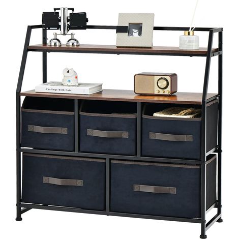 Goplus – Commode industrielle à 5 tiroirs et 2 étagères ouvertes – Cadre en métal – Tiroirs en tissu respirant – Dispositif anti-basculement – 84 x 30 x 85 cm (1/4)