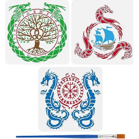 Ensemble de 3 pochoirs de peinture de dragon viking avec pinceau, 30 x 30 cm, motif dragon pour décoration murale à faire soi-même (1/5)
