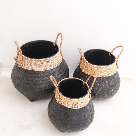 Panier de Rangement et Cache-Pot Noir en Bambou et Jonc de Mer Tressé Main - PANGIVO