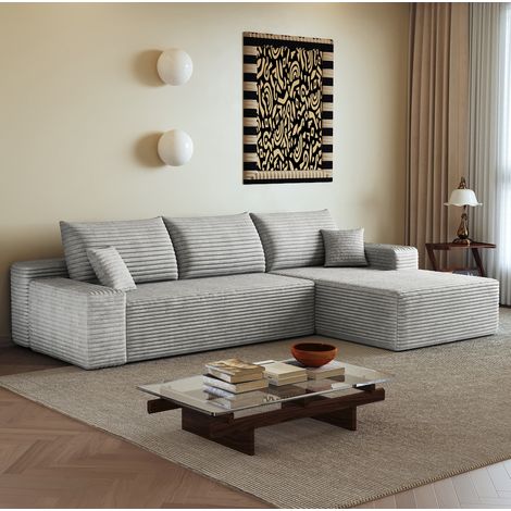 Divano angolare modulare 270 x 175 cm con chaise longue, tessuto a coste grigio DESVIAE (1/5)