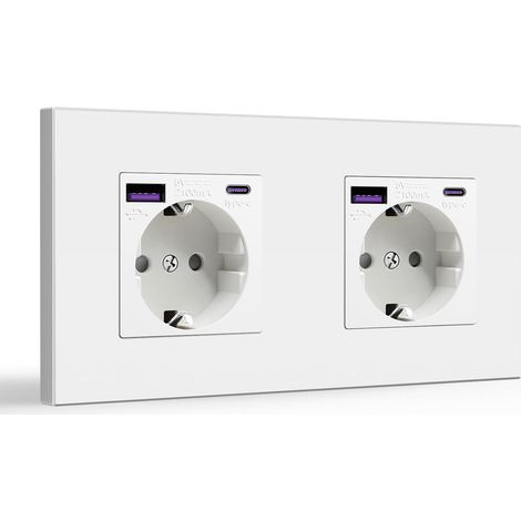 Prise murale, 16 A 250 V, prise Schuko avec 20w usb A/C Ports simple sur panneau plastique, 2 postes, blanc (1/5)