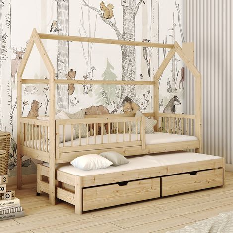 Lit cabane 90x190 sommiers lit gigogne et tiroirs Lino Bois (1/3)