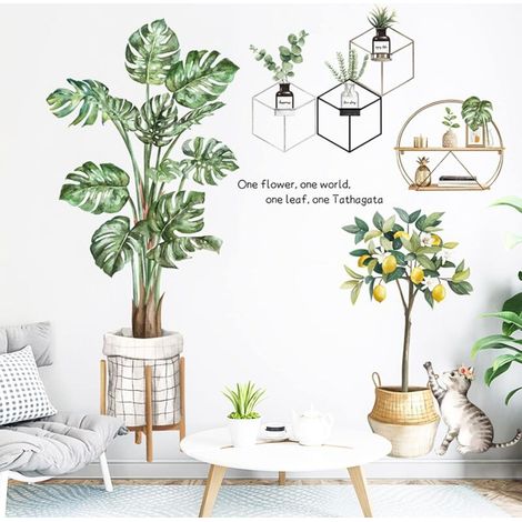 Stickers muraux feuilles vertes plantes tropicales, stickers muraux palmiers, décoration murale chat citronnier pour chambre salon salle de classe bureau décoration de la maison (1/5)
