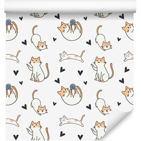 Papier peint chats blanc, gris clair et beige pour salon et chambre 50x1000 cm (1/5)
