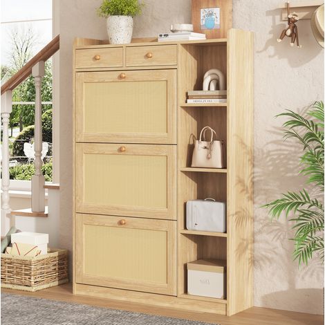 Schmaler Schuhschrank aus Holz in Natur mit 3 Klappen, 2 Schubladen und Seitenregalen (1/5)